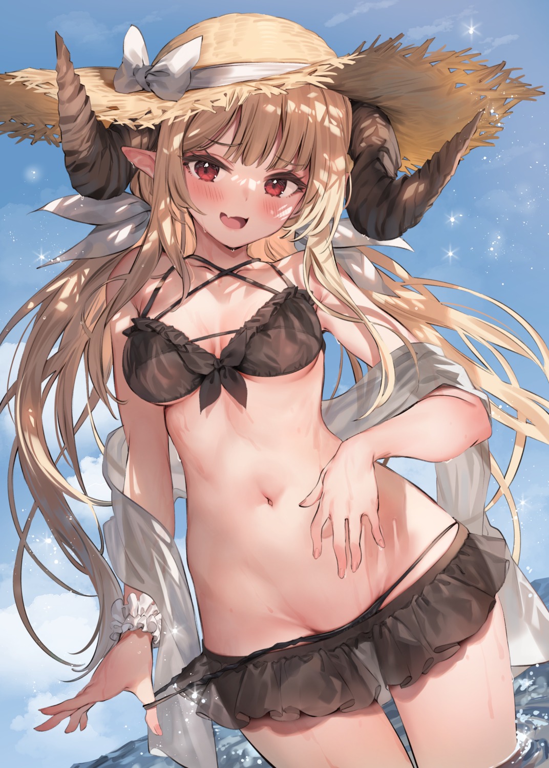 bikini horns panty_pull paseri pointy_ears see_through swimsuits undressing wet