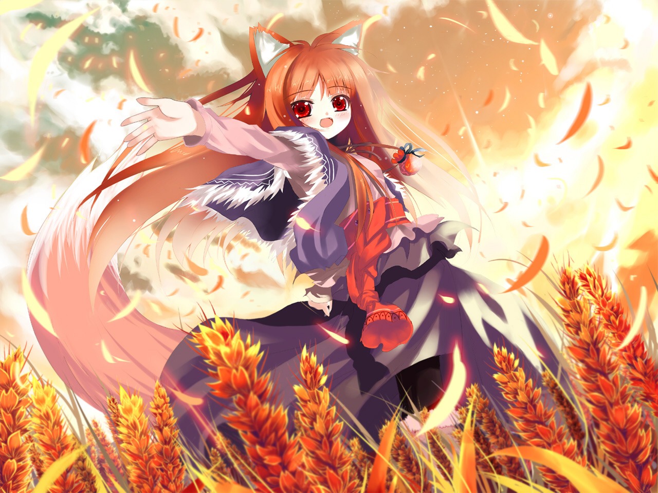 animal_ears dress holo shino_(eefy) spice_and_wolf tail wallpaper