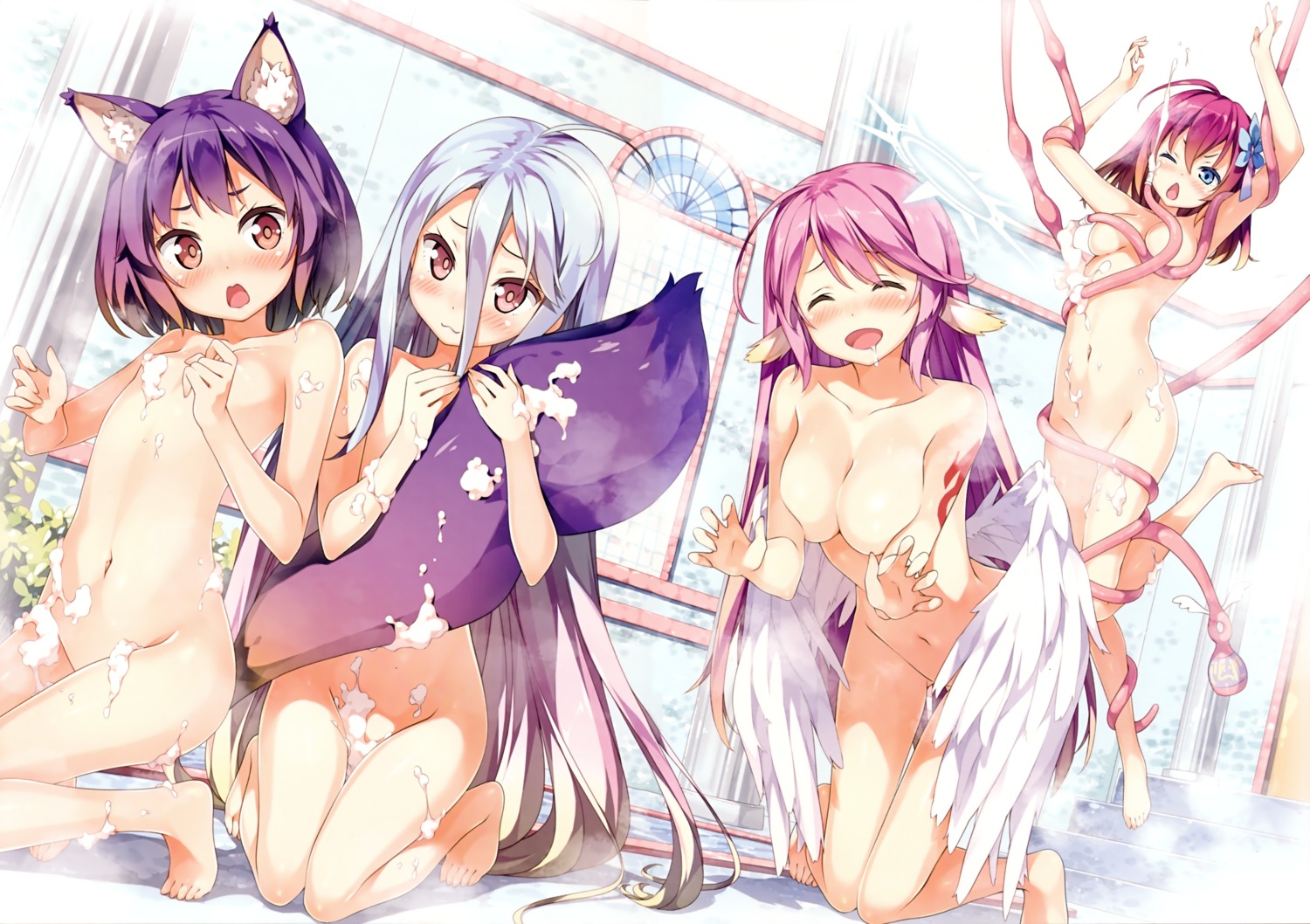 animal_ears bathing bondage breast_hold hatsuse_izuna jibril_(no_game_no_life) kantoku loli naked no_game_no_life shiro_(no_game_no_life) stephanie_dora tail tattoo tentacles wings