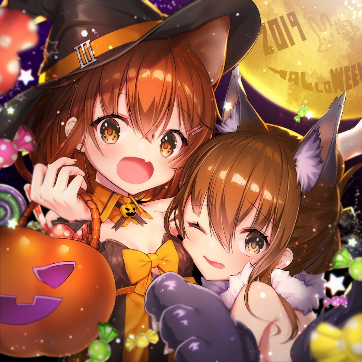 animal_ears cleavage haiba halloween ikazuchi_(kancolle) inazuma_(kancolle) kantai_collection nekomimi witch