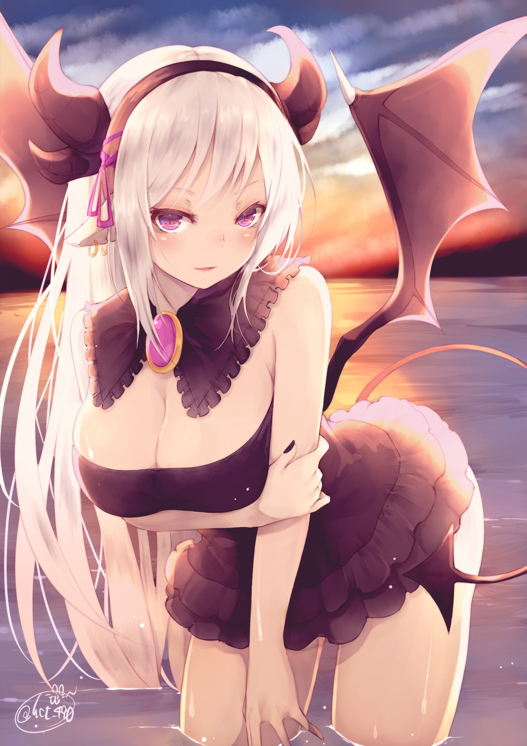 breast_hold chita_(ketchup) cleavage dress horns no_bra pointy_ears tail wet wings