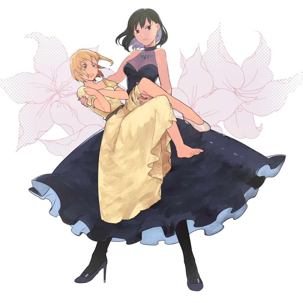 cleavage dress feet haikyuu!! heels pantyhose see_through shimizu_kiyoko shirokichi_(sato_satoko) yachi_hitoka