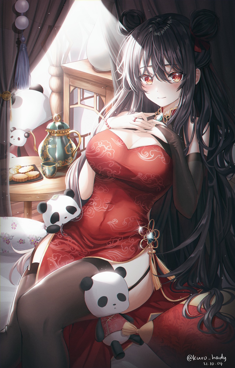 chinadress cleavage kuro_(rudyan0128) no_bra skirt_lift stockings thighhighs