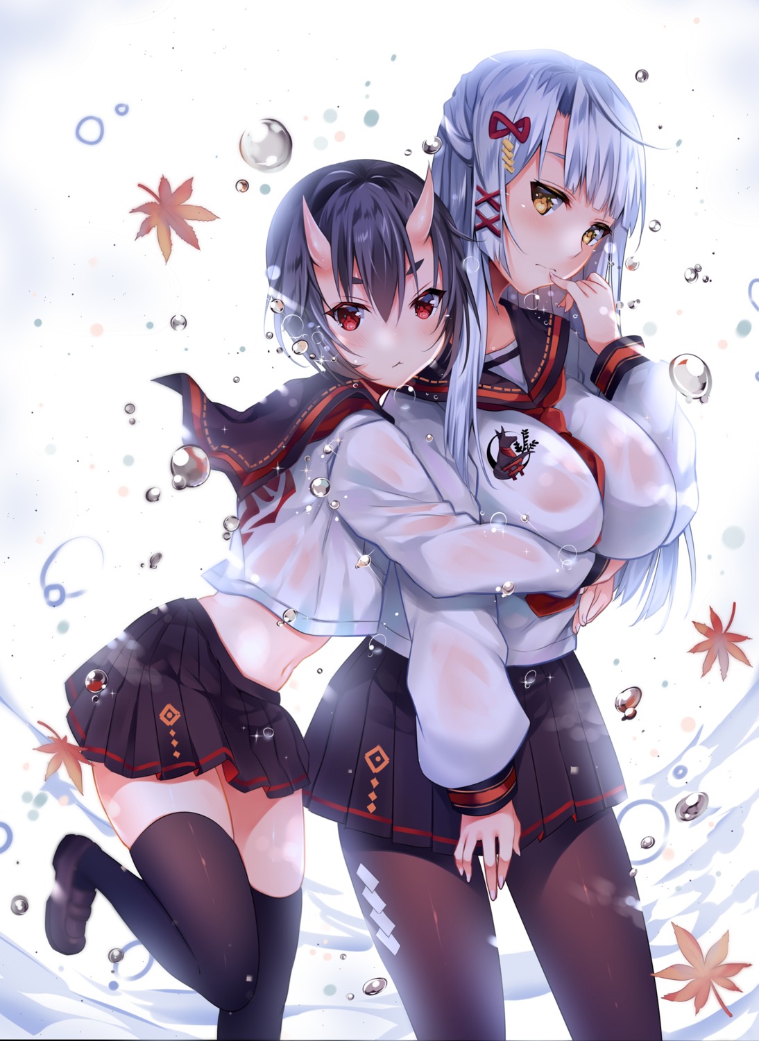 breast_hold horns pantyhose see_through seifuku thighhighs usagihime wet_clothes