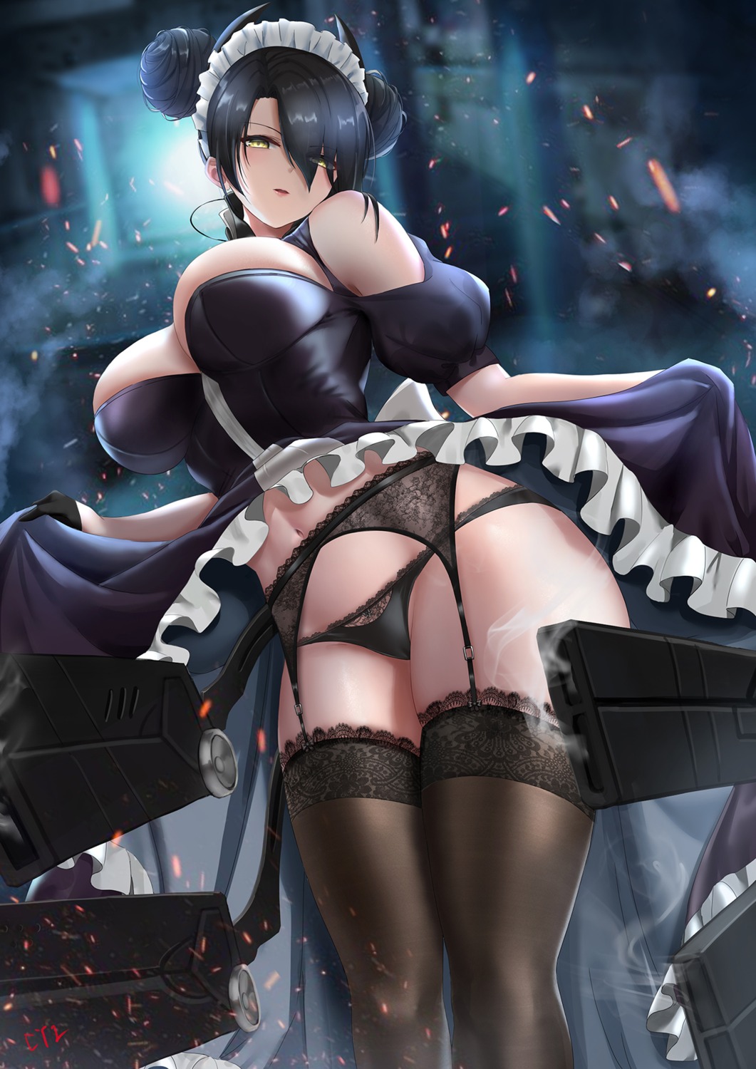 agent_(girls_frontline) cameltoe cyicheng garter_belt girls_frontline horns maid pantsu skirt_lift stockings thighhighs