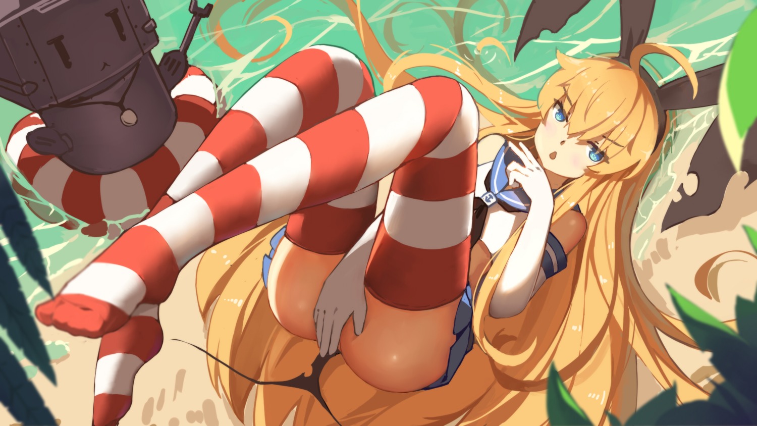 ass baisi_shaonian kantai_collection rensouhou-chan shimakaze_(kancolle) thighhighs thong torn_clothes