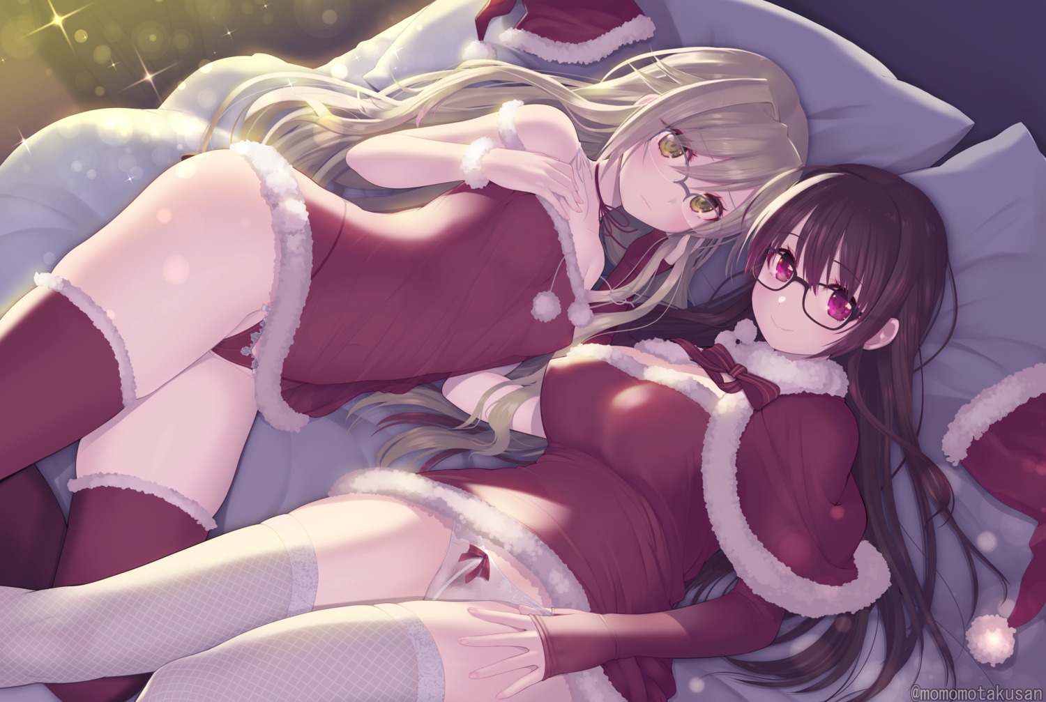 cameltoe christmas dress erect_nipples fishnets kashiwamochi_yomogi megane nipples no_bra pantsu pubic_hair see_through skirt_lift thighhighs