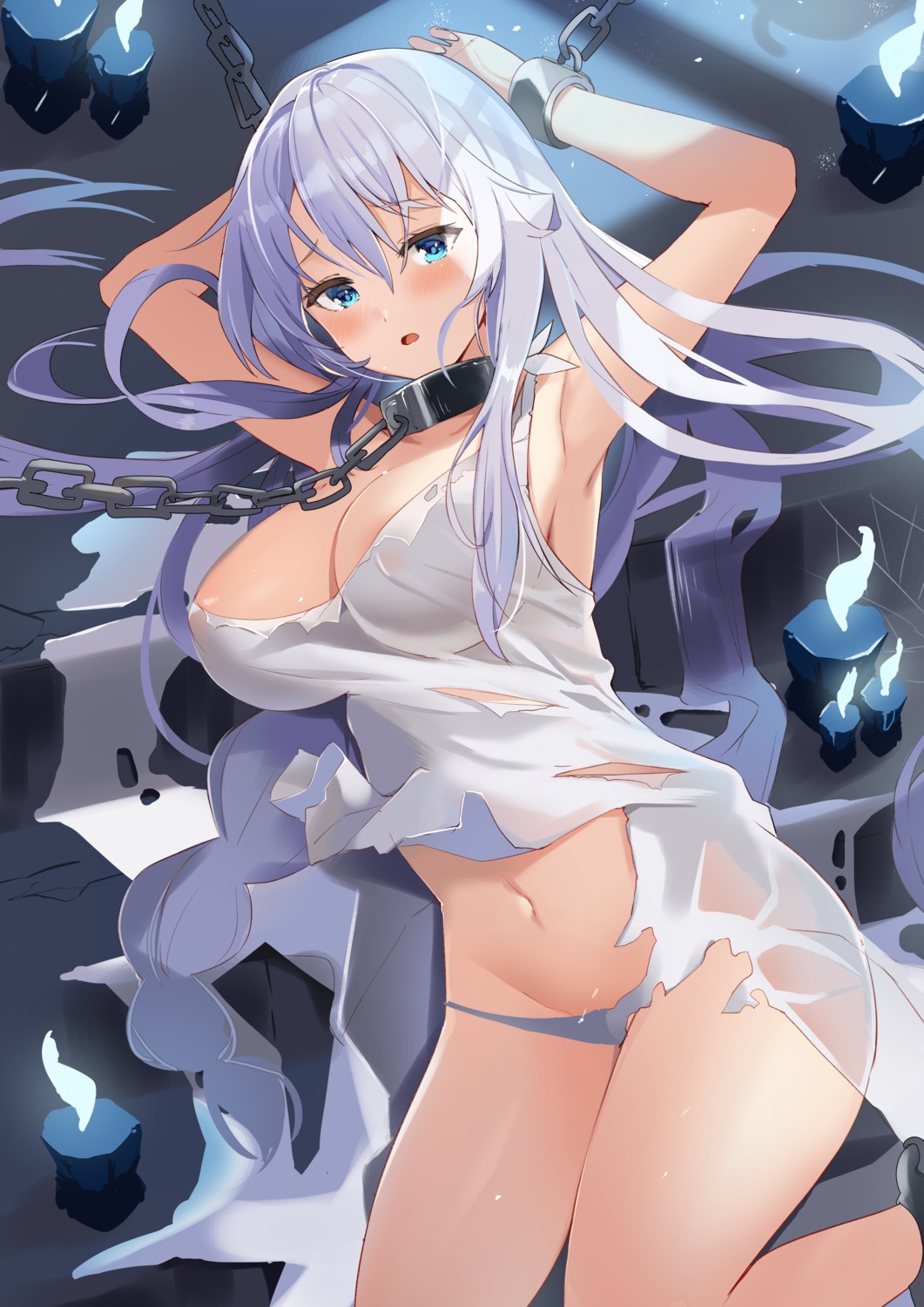 areola avrora_(azur_lane) azur_lane bondage dress erect_nipples no_bra nopan see_through togo_(korlsj1235) torn_clothes