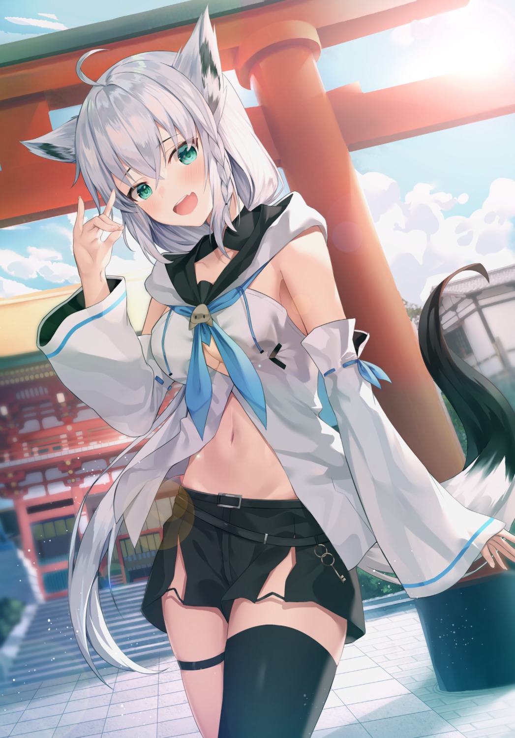 animal_ears garter hololive hololive_gamers kitsune no_bra shirakami_fubuki shuvi_(shuvi1125) tail thighhighs