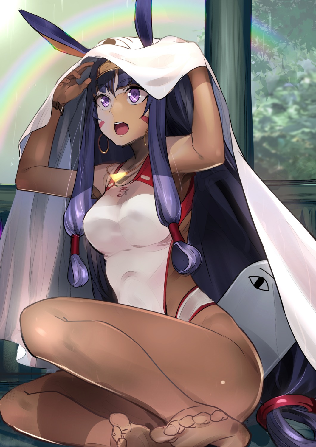 akechi_shizuku animal_ears bunny_ears fate/grand_order feet medjed nitocris_(fate/grand_order) swimsuits