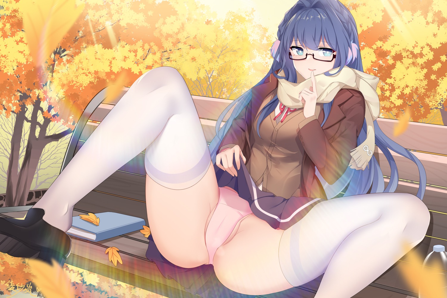 arknights astesia_(arknights) cameltoe lingshalan megane pantsu seifuku skirt_lift sweater thighhighs wallpaper