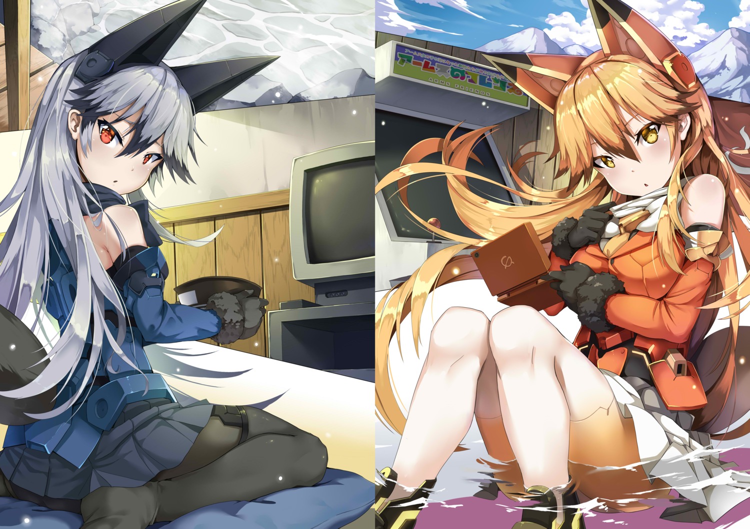 animal_ears ezo_red_fox feet jie_laite kemono_friends pantsu pantyhose silver_fox tail thighhighs wet