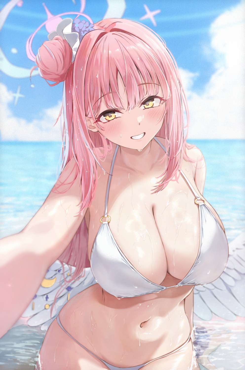 angel bikini blue_archive misono_mika sashimi_nasu selfie swimsuits wet wings