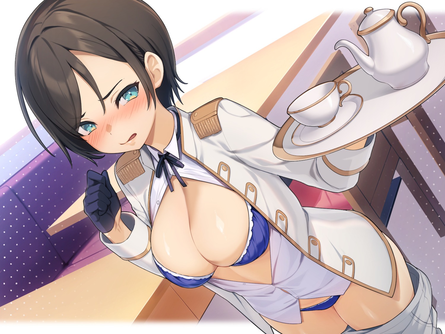 bra open_shirt pantsu umiharu uniform waitress wallpaper