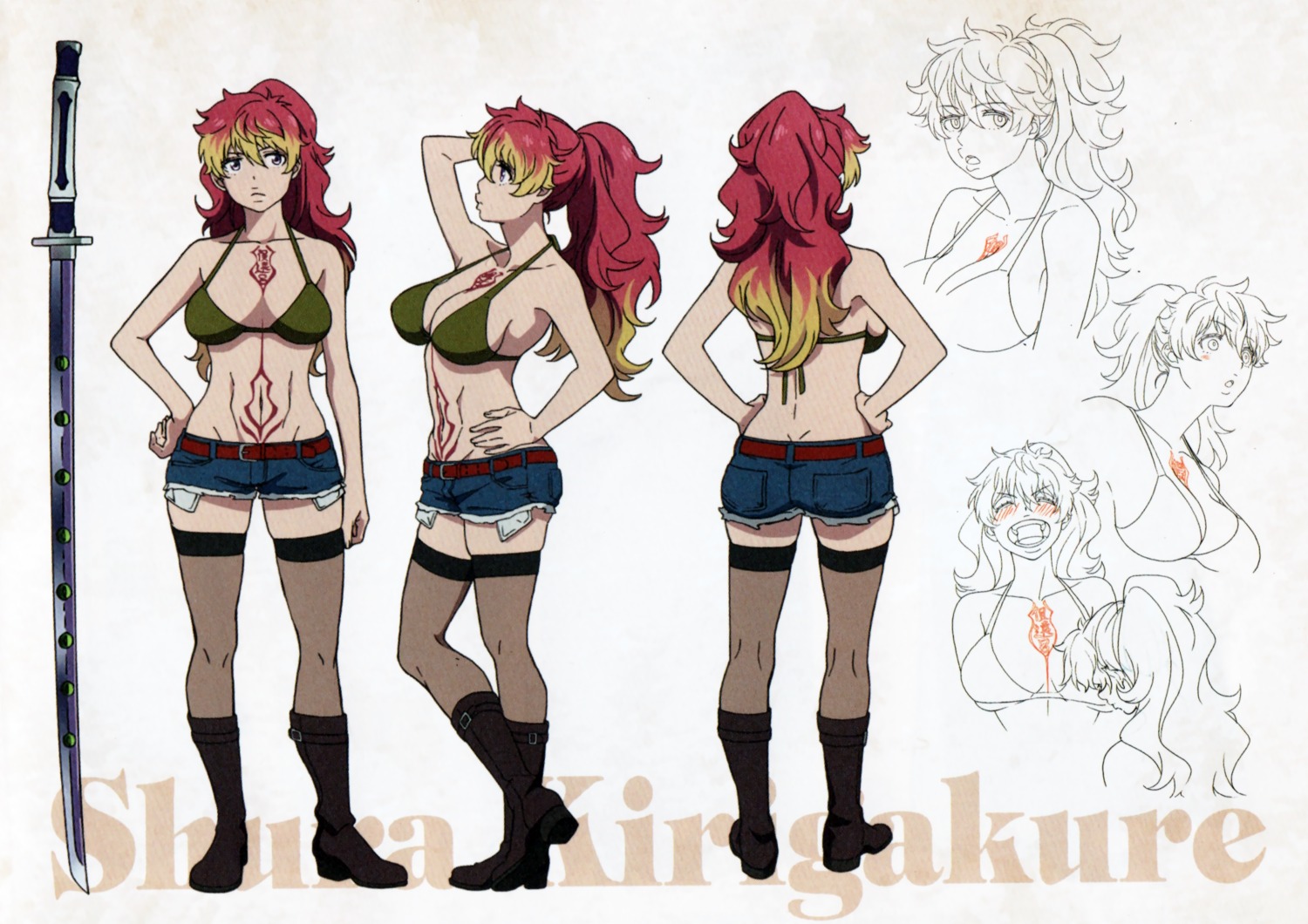 ao_no_exorcist bikini_top character_design kirigakure_shura ohigashi_yurie sketch swimsuits sword tattoo thighhighs