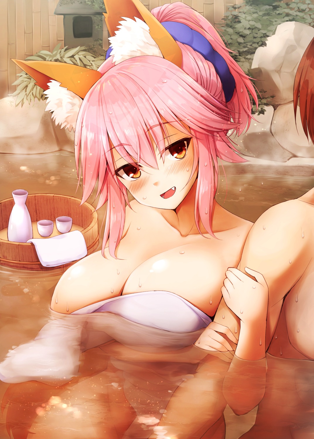 animal_ears bathing fate/grand_order kurikara naked onsen sake tamamo_no_mae towel wet