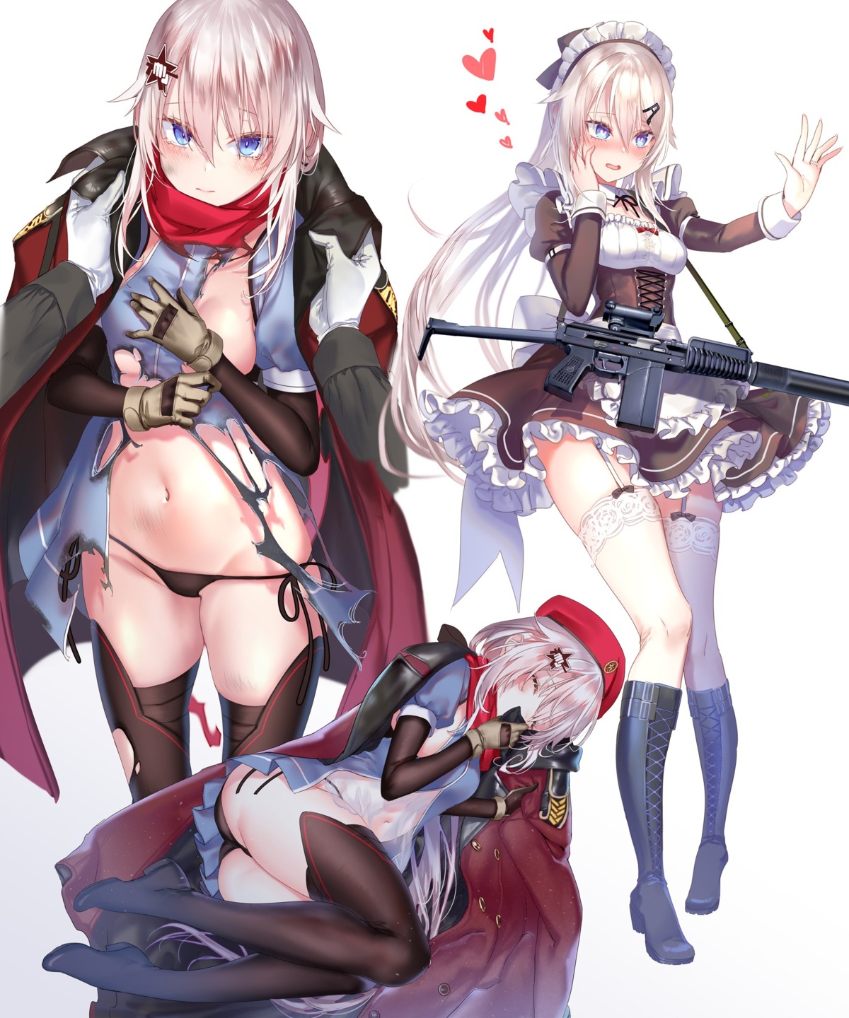 9a-91_(girls_frontline) breast_hold breasts girls_frontline gun maid no_bra pantsu pottsness stockings string_panties thighhighs torn_clothes wardrobe_malfunction