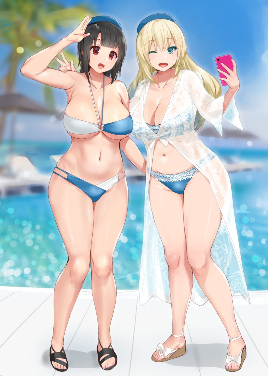 atago_(kancolle) bikini heels kantai_collection kusaka_souji open_shirt see_through swimsuits takao_(kancolle) underboob