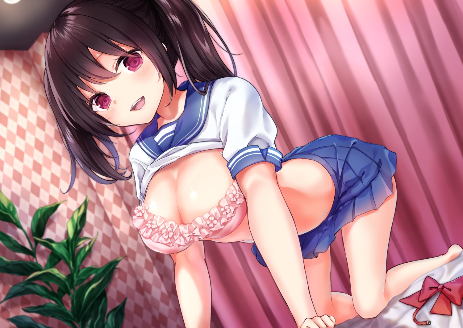 bra cleavage hoshi_no_yurara seifuku shirt_lift