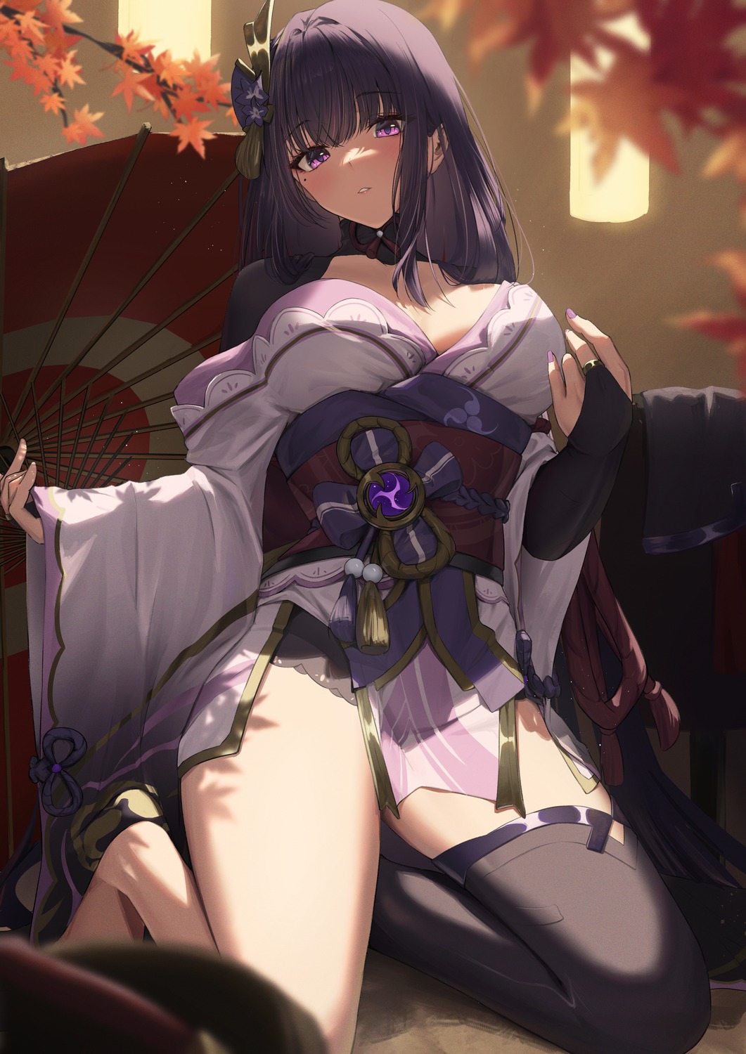 bakemonsou genshin_impact japanese_clothes no_bra open_shirt raiden_shogun thighhighs