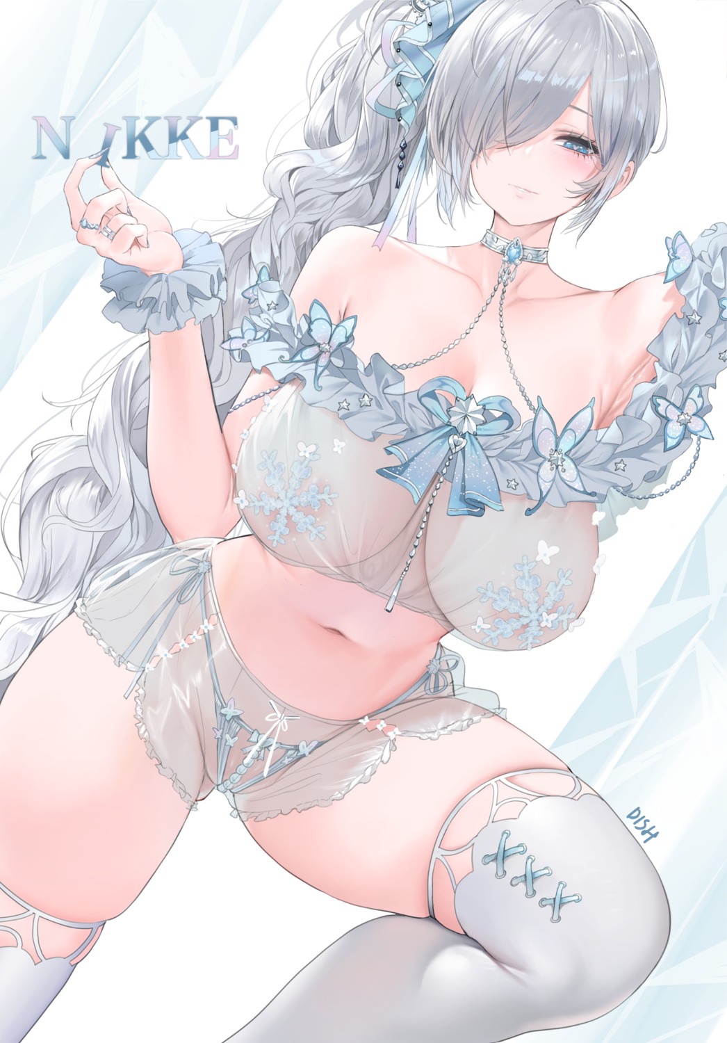 areola cinderella_(nikke) dishwasher1910 goddess_of_victory:_nikke lingerie no_bra pantsu pasties see_through string_panties thighhighs thong