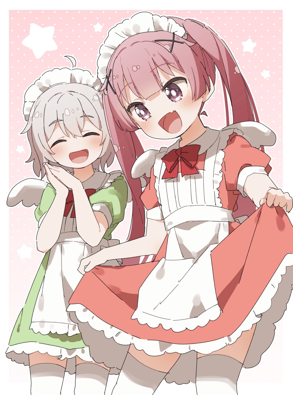 konomori_kanon kusaka_shi maid skirt_lift tanemura_koyori thighhighs watashi_ni_tenshi_ga_maiorita! wings