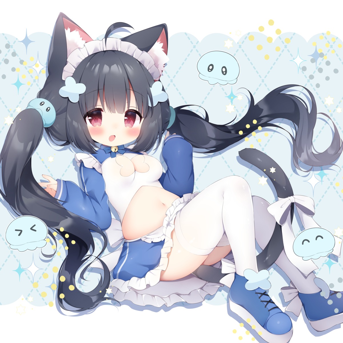 animal_ears maid momozu_komamochi nekomimi no_bra skirt_lift tail thighhighs