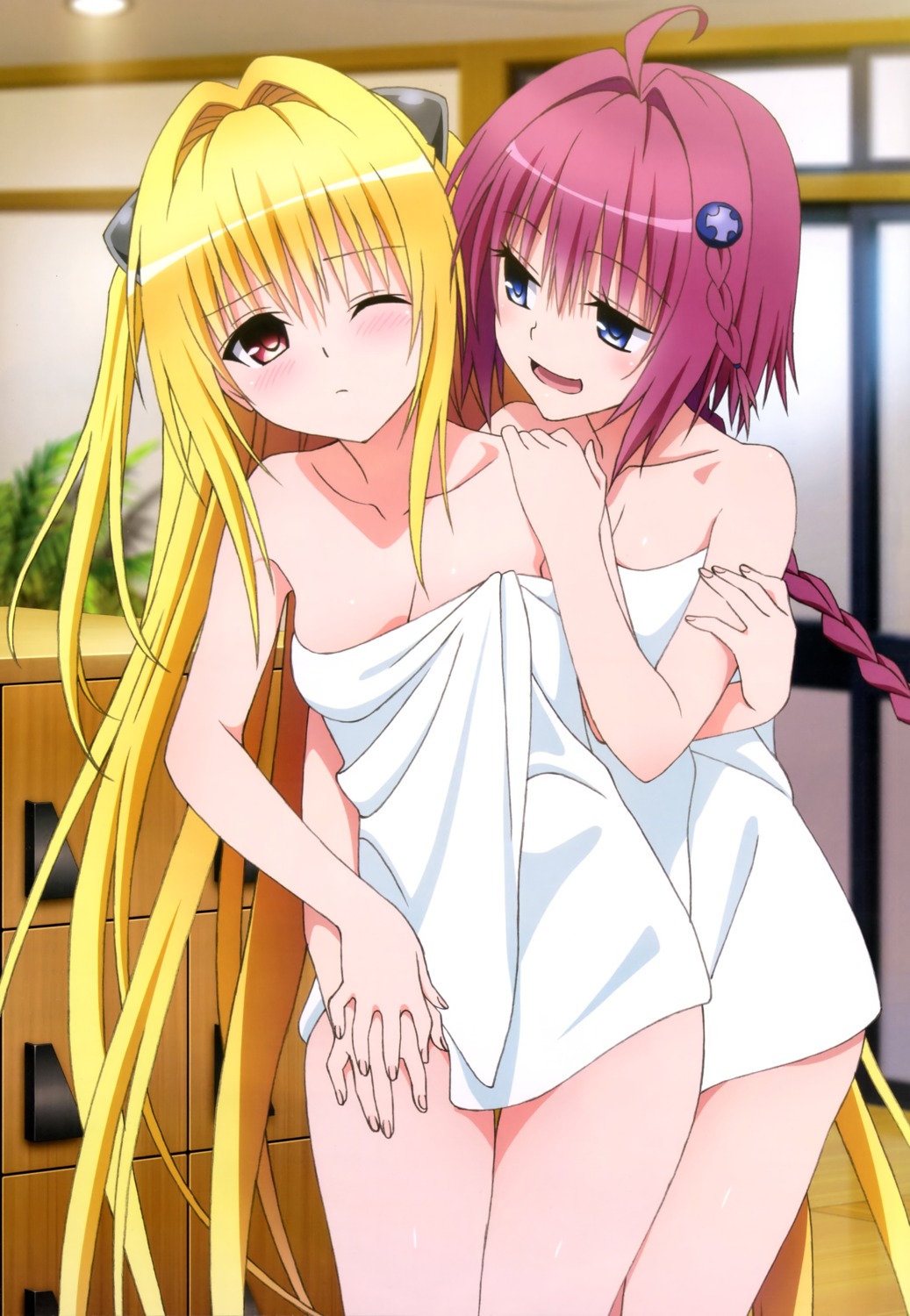 cleavage golden_darkness kurosaki_mea taketani_kyouko to_love_ru to_love_ru_darkness towel yuri