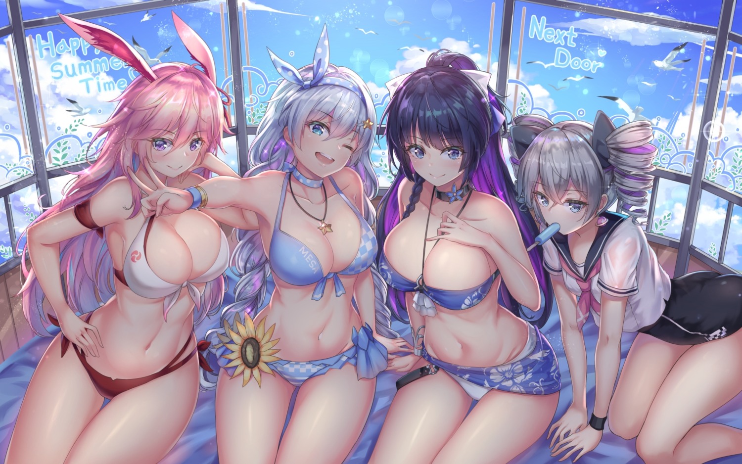 animal_ears benghuai_xueyuan bikini bronya_zaychik bunny_ears cenangam cleavage honkai_impact kiana_kaslana raiden_mei seifuku swimsuits yae_sakura_(benghuai_xueyuan)