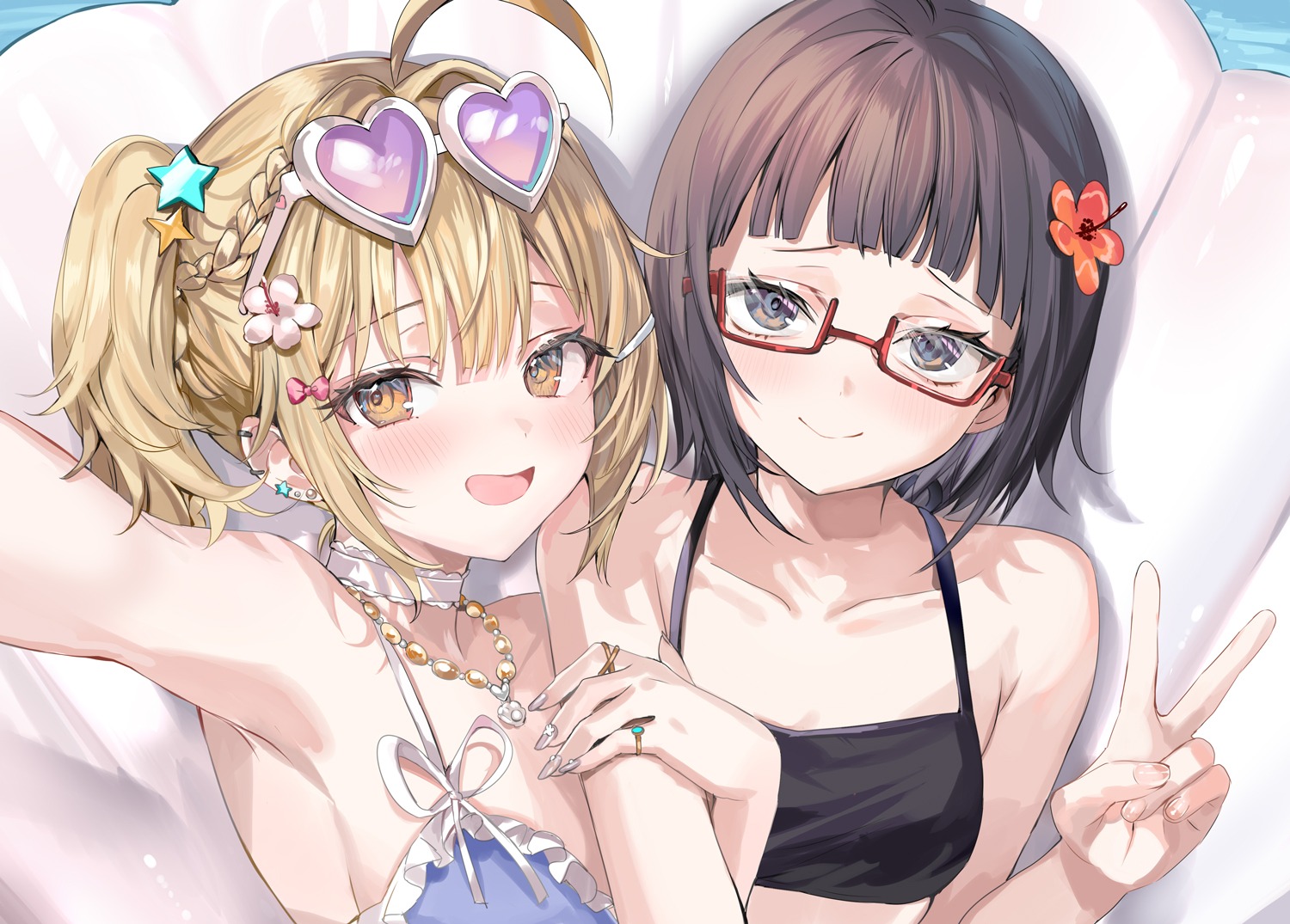 bikini_top megane miyamae_nonoa momoko_(momopoco) selfie swimsuits taniyama_sayaka tokidoki_bosotto_roshia-go_de_dereru_tonari_no_alya-san