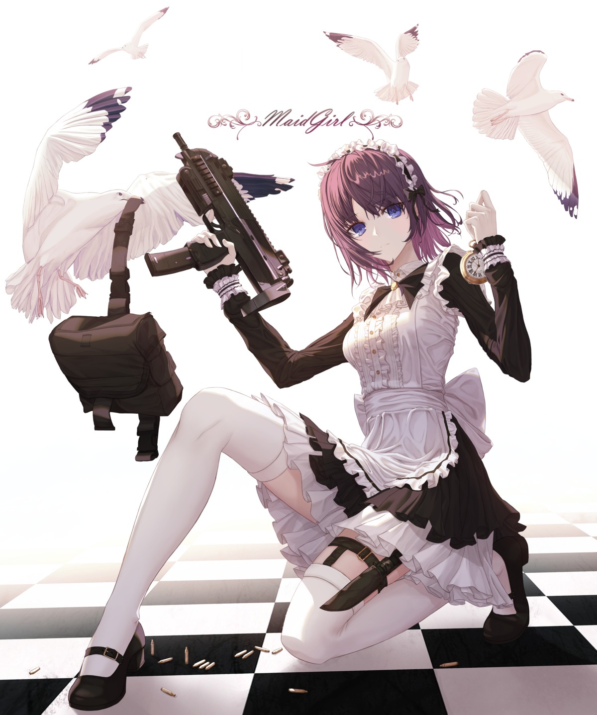 eichi_(skskdi12z) garter gun heels maid stockings thighhighs weapon