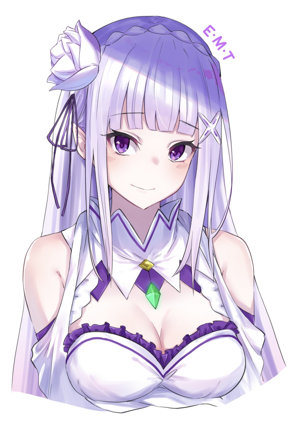 cleavage elf emilia_(re_zero) m.tokotsu pointy_ears re_zero_kara_hajimeru_isekai_seikatsu