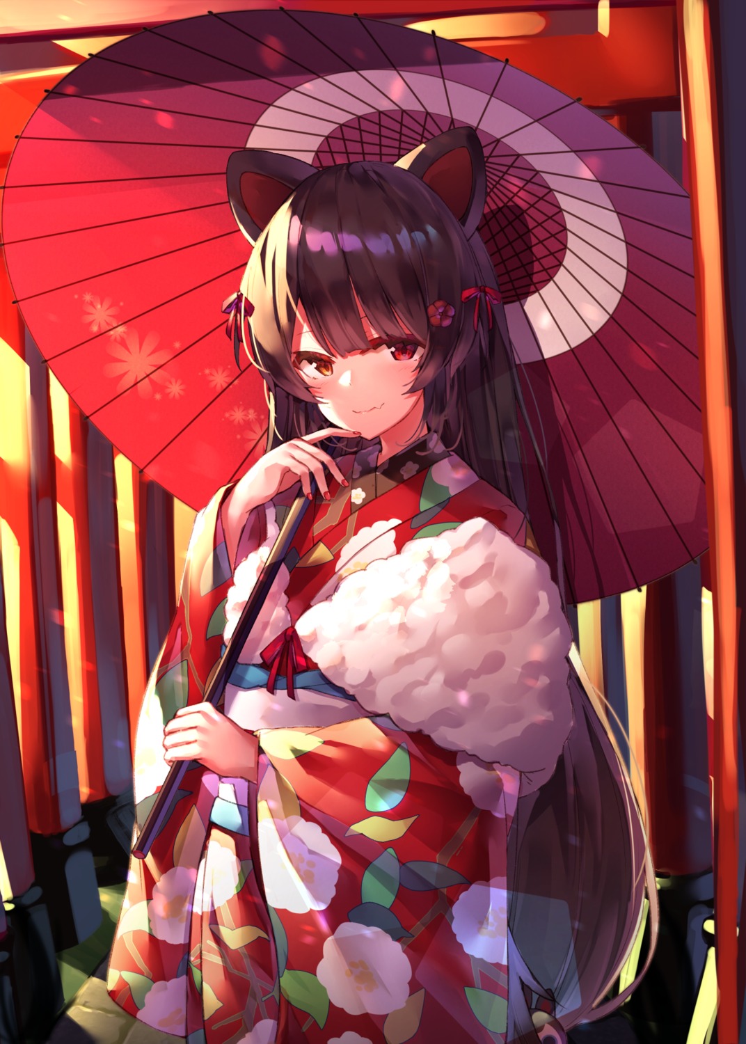 animal_ears heterochromia inui_toko kimono nijisanji umbrella yuuki_nao_(pixiv10696483)