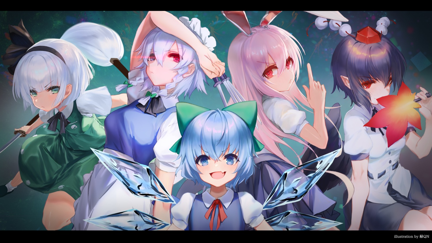 animal_ears bunny_ears cirno dqn_(dqnww) izayoi_sakuya konpaku_youmu maid myon pointy_ears reisen_udongein_inaba shameimaru_aya sword touhou weapon wings