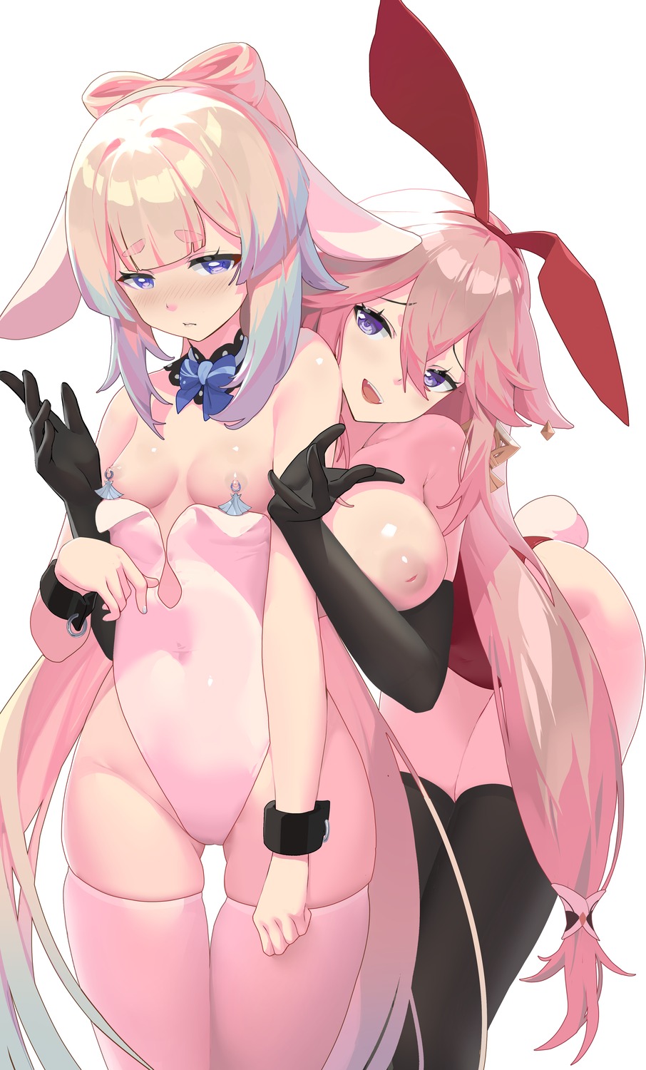 animal_ears breasts bunny_ears bunny_girl genshin_impact haku89 kitsune nipples no_bra sangonomiya_kokomi tail thighhighs yae_miko yuri