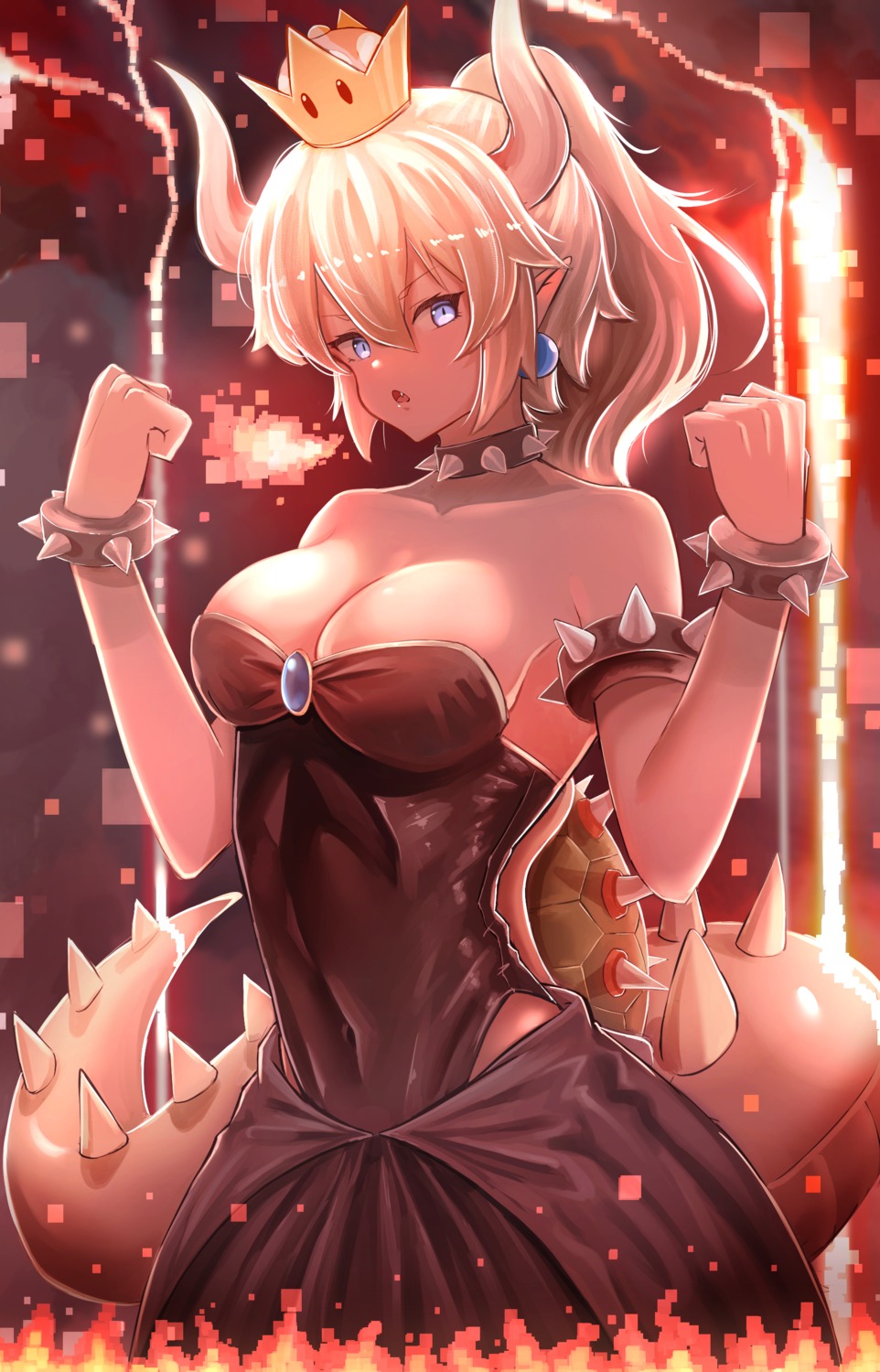 bowsette cleavage dress horns new_super_mario_bros._u_deluxe pasoputi pointy_ears tail