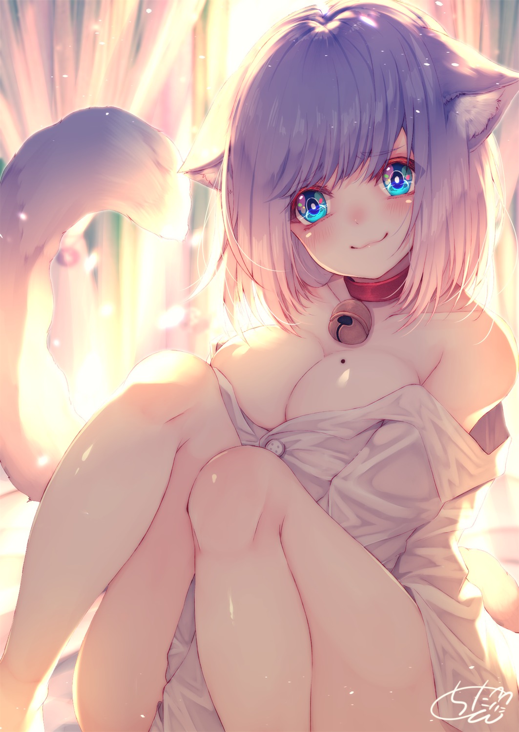 animal_ears chita_(ketchup) dress_shirt nekomimi no_bra open_shirt tail