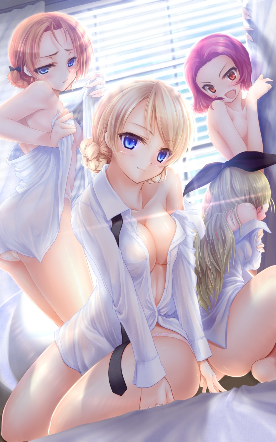 assam bottomless cleavage darjeeling dress_shirt girls_und_panzer gizensha naked no_bra open_shirt orange_pekoe pantsu rosehip see_through towel