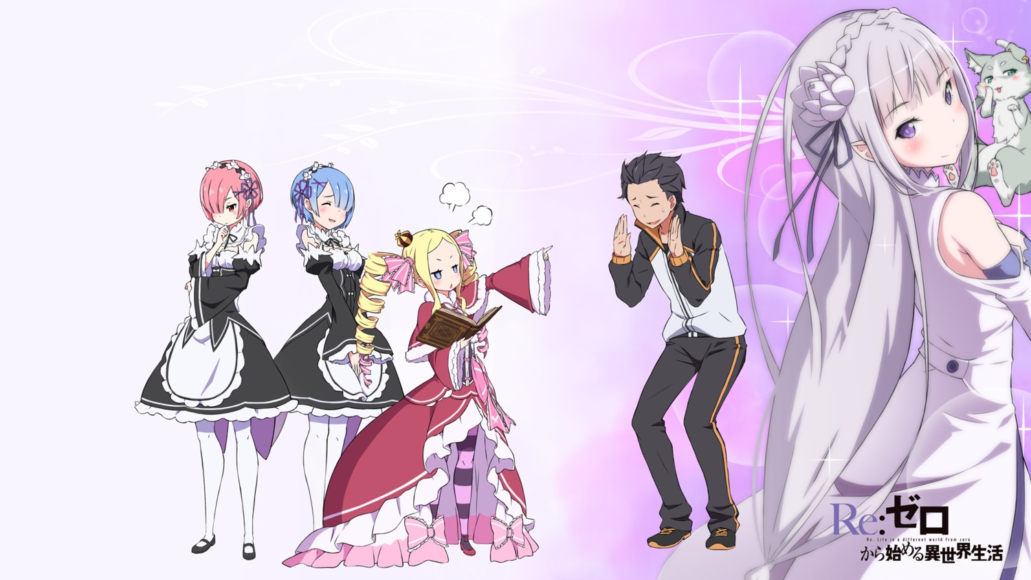 beatrice_(re_zero) dress elf emilia_(re_zero) maid natsuki_subaru neko pack_(re_zero) pantyhose pointy_ears ram_(re_zero) re_zero_kara_hajimeru_isekai_seikatsu rem_(re_zero) sando_(dukedevil) wallpaper