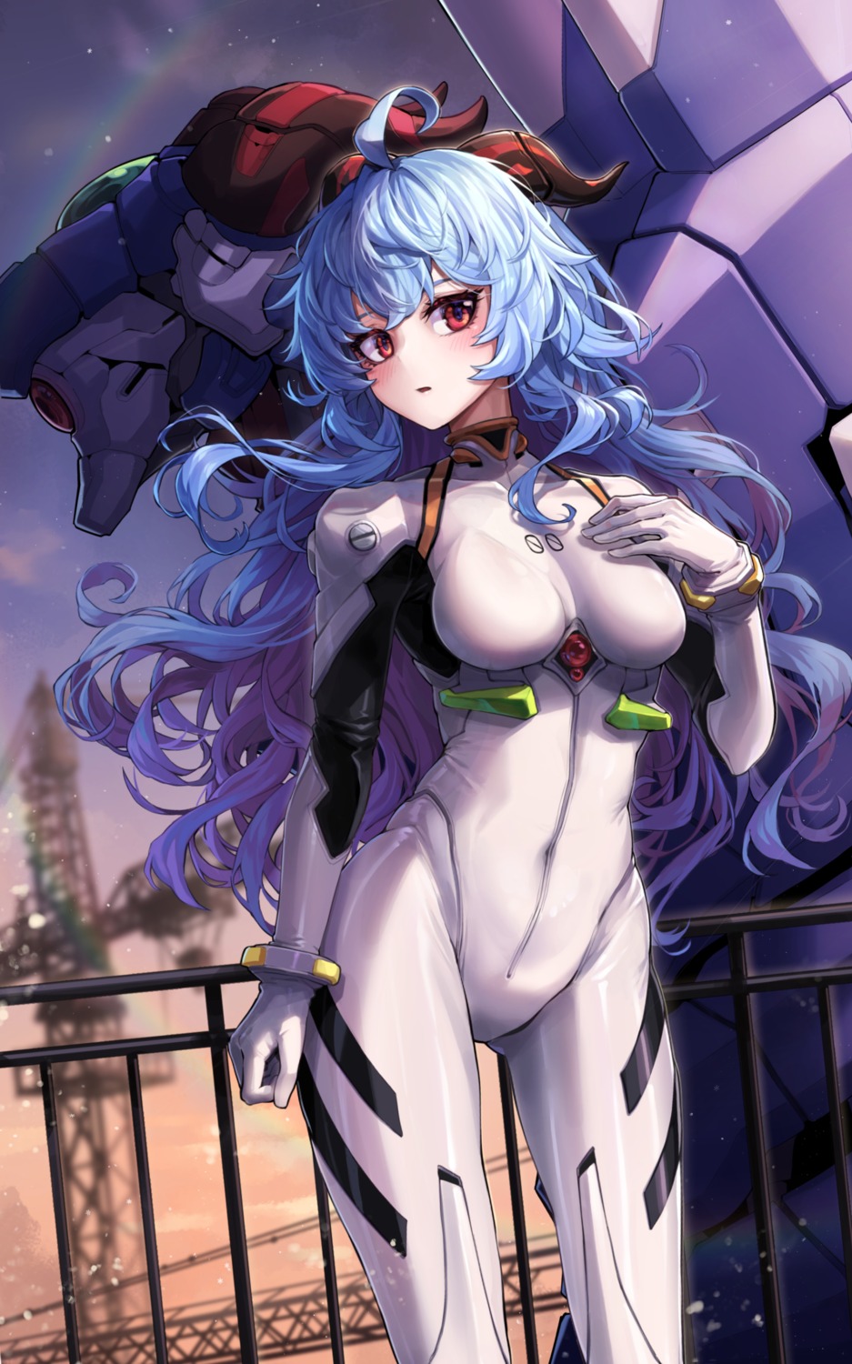 ayanami_rei bodysuit cosplay ganyu genshin_impact horns kokukyukeo neon_genesis_evangelion