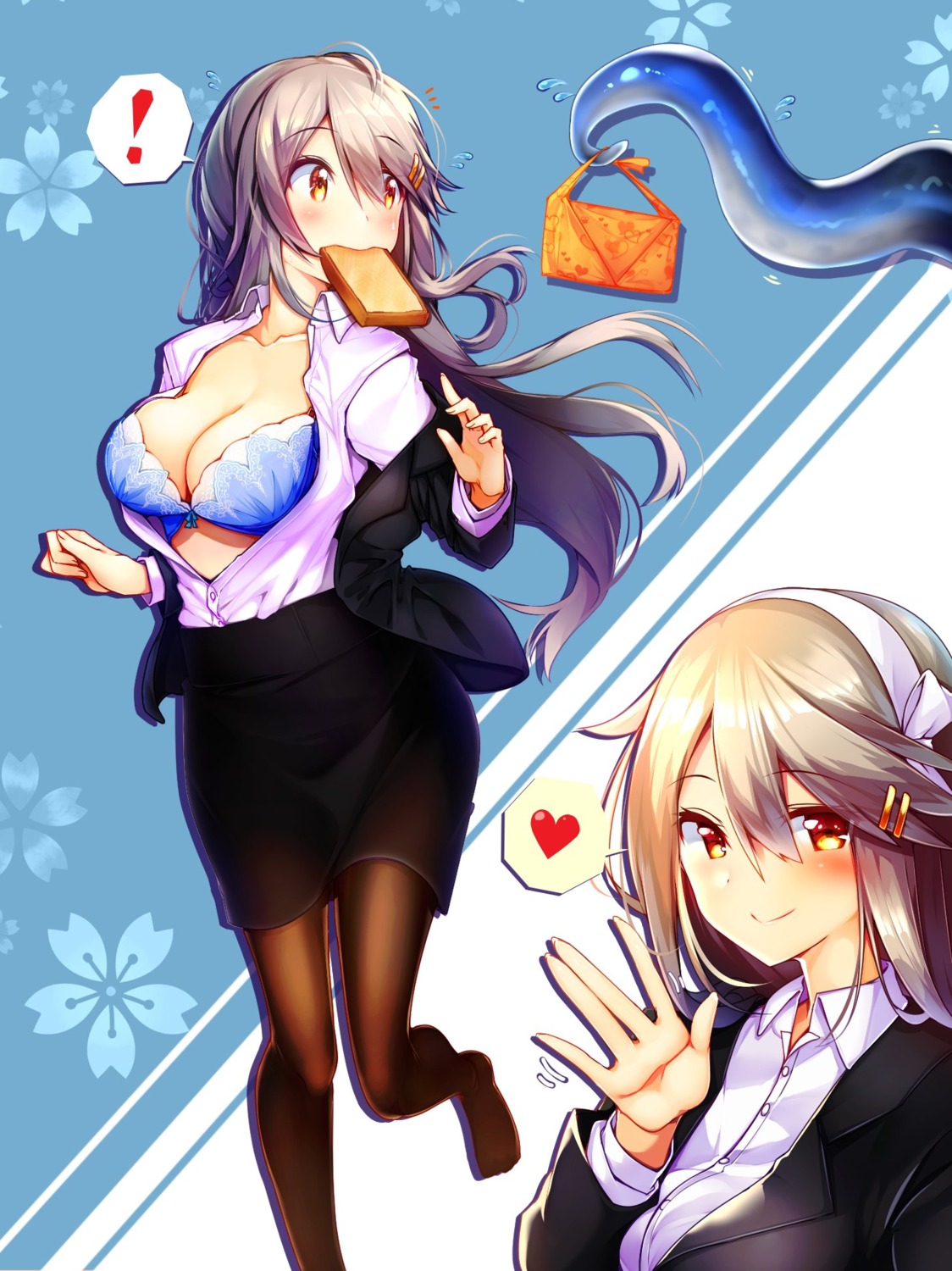 bra breast_hold business_suit cleavage haruna_(kancolle) kantai_collection open_shirt pantyhose tentacles tsukui_kachou