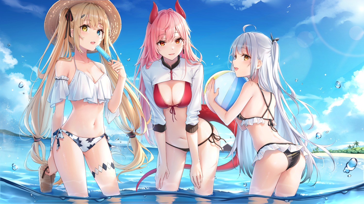 ass bikini cleavage dangmyo garter heterochromia horns swimsuits tail wallpaper wet