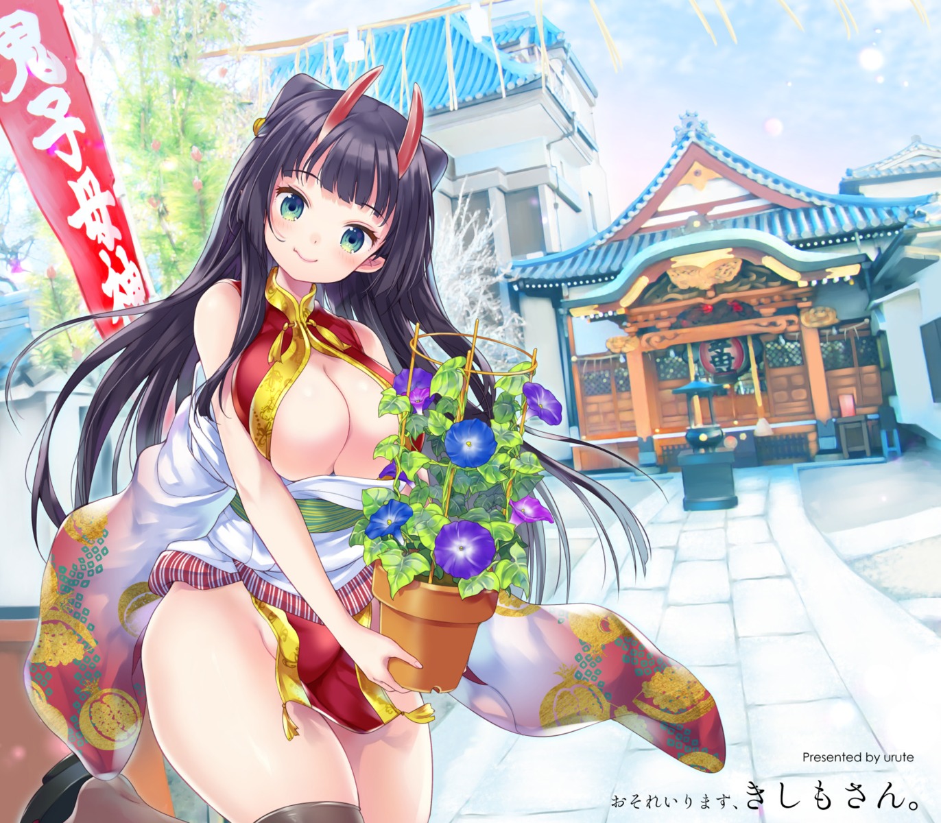 chinadress cleavage horns no_bra open_shirt thighhighs urute