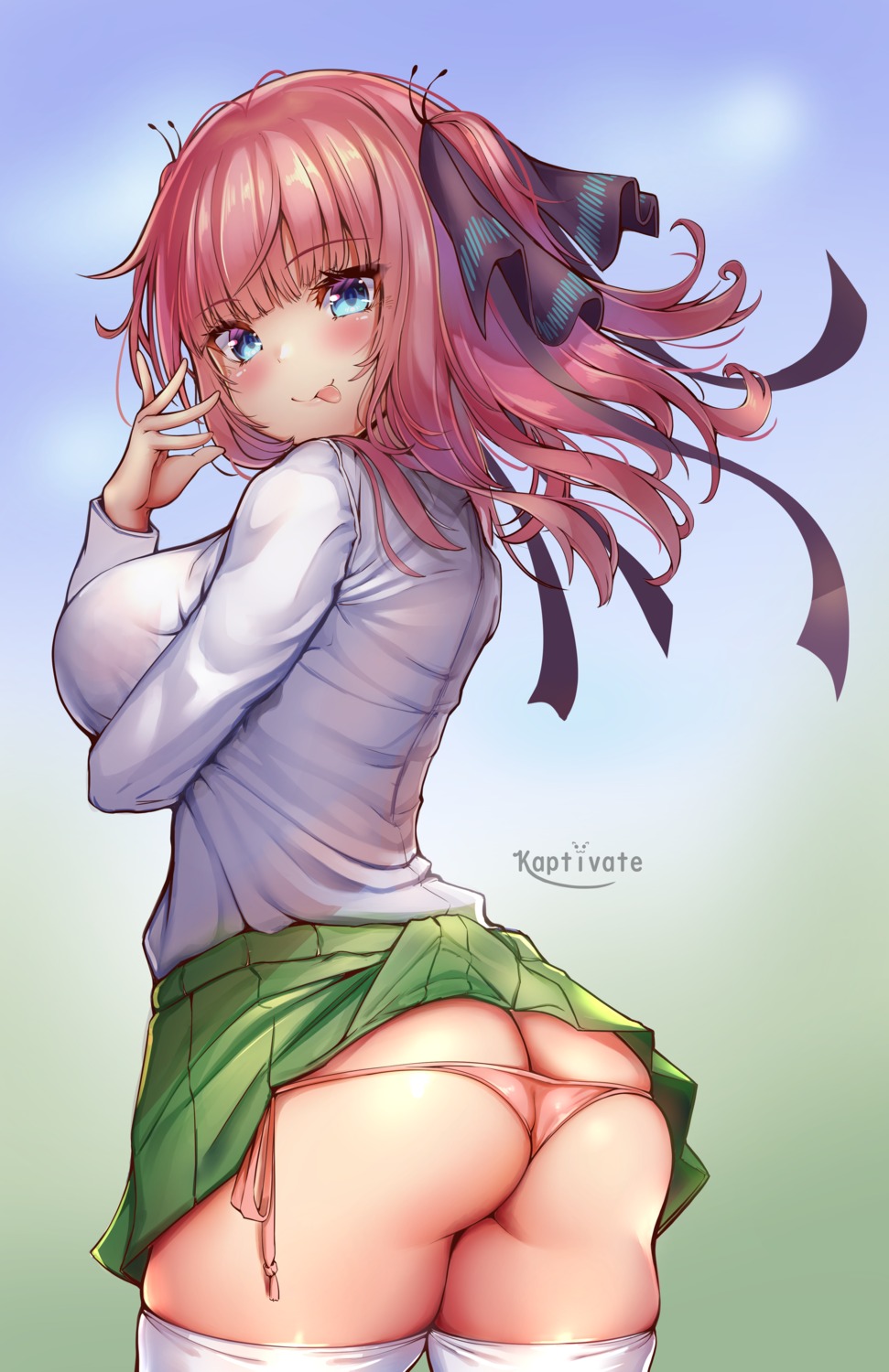 5-toubun_no_hanayome ass breast_hold kaptivate nakano_nino pantsu panty_pull seifuku skirt_lift string_panties thighhighs thong