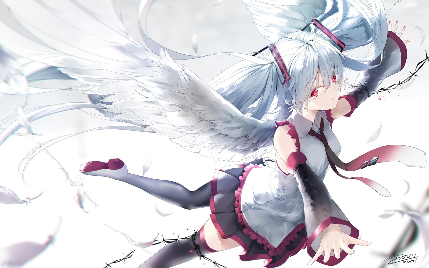 asahi_kuroi hatsune_miku heels thighhighs vocaloid wings