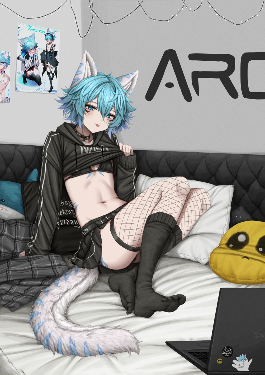 animal_ears bra fishnets lobsteranian male nekomimi shirt_lift tail tattoo thighhighs trap