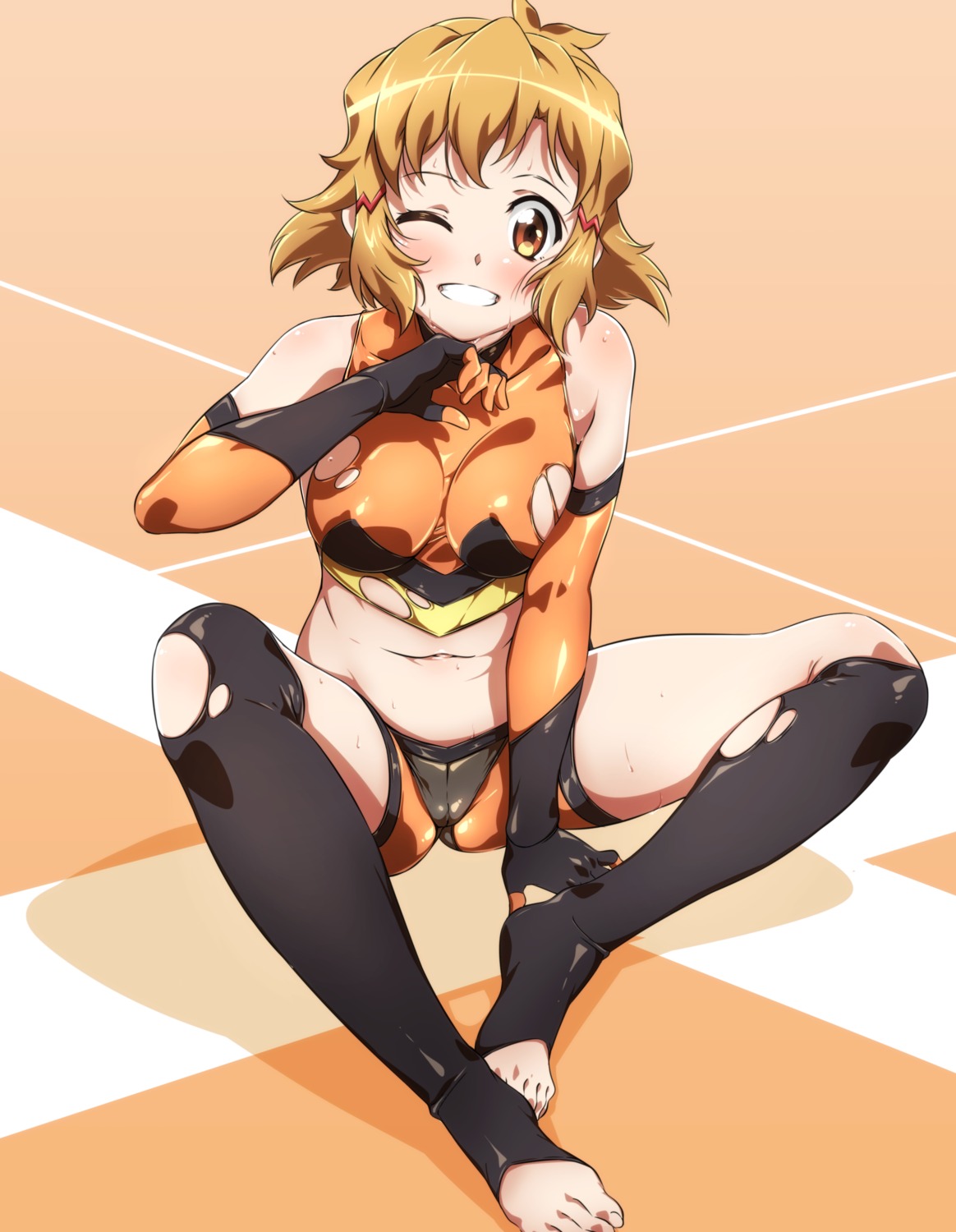 bike_shorts cameltoe feet niko_(tama) no_bra senki_zesshou_symphogear tachibana_hibiki thighhighs torn_clothes