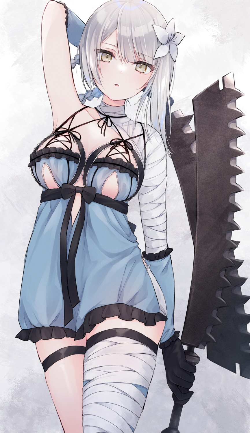 bandages garter kaine_(nier) lingerie nier nier_replicant no_bra shano_hiyori thighhighs weapon