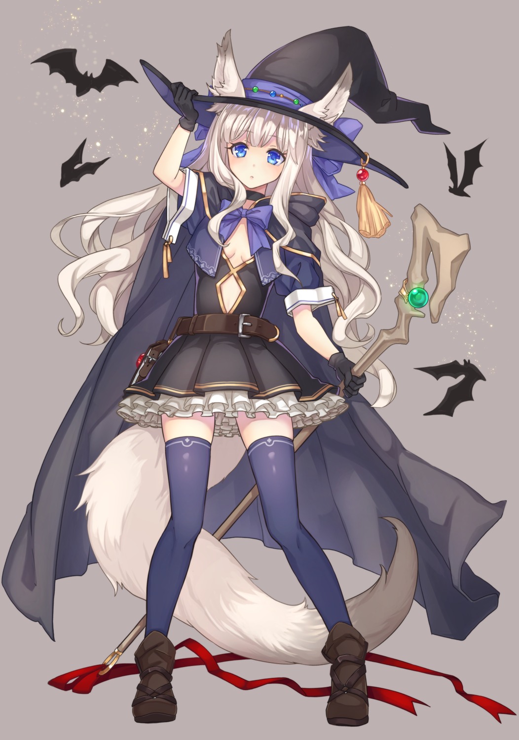 animal_ears dress no_bra riffey tail thighhighs weapon witch