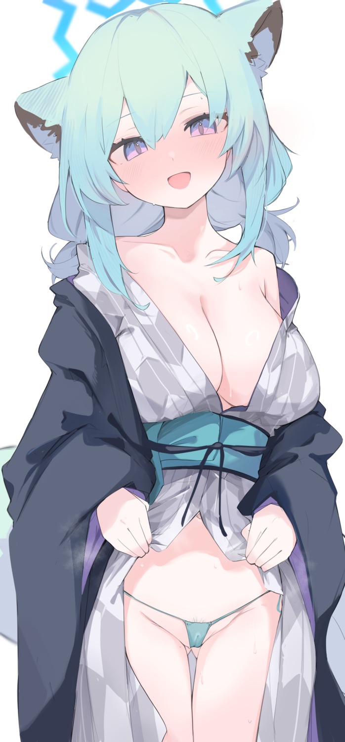 animal_ears blue_archive cameltoe halo mayoi_shigure mikojin no_bra open_shirt pantsu pubic_hair skirt_lift thong yukata